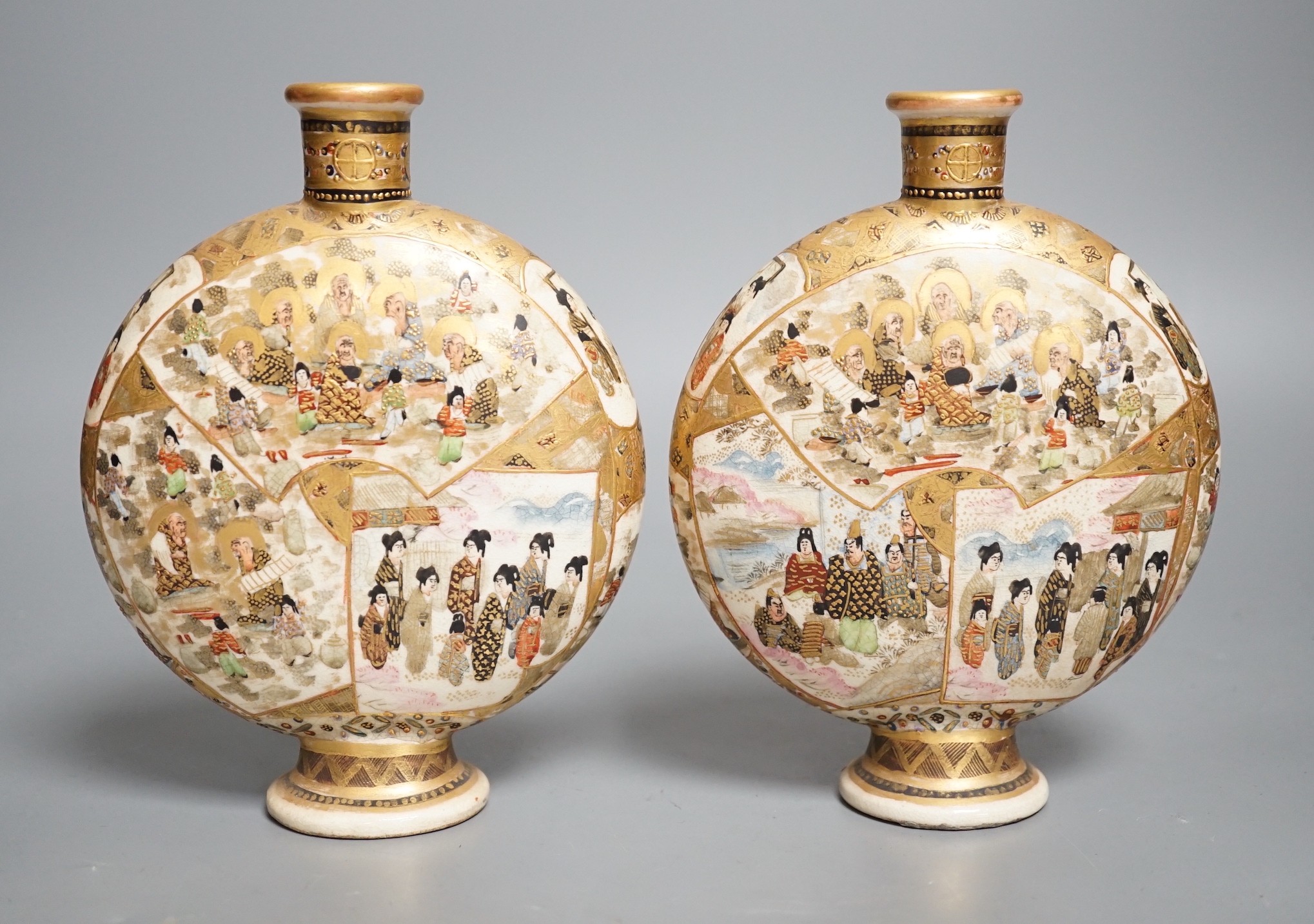 A pair of Japanese Meiji period Satsuma pottery moonflasks, 15.5cms high